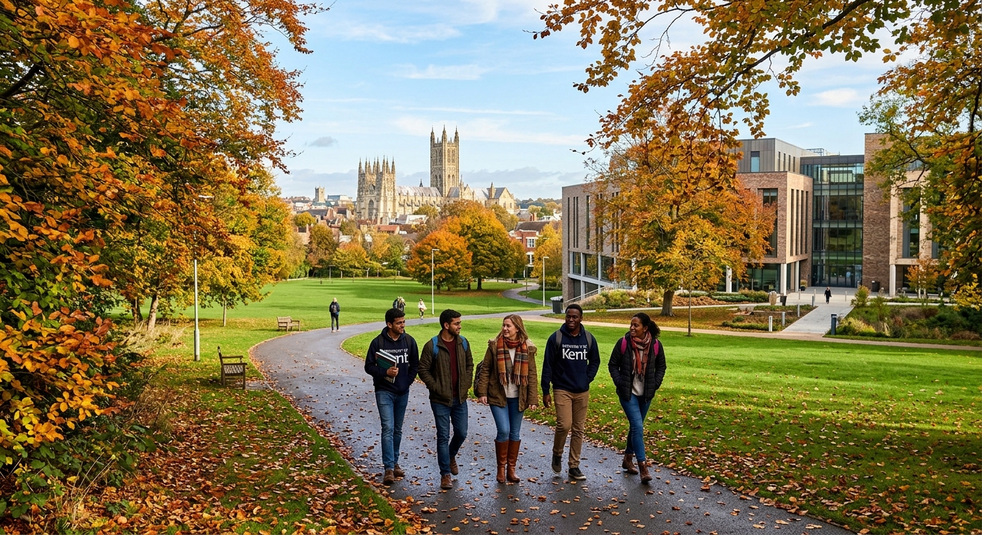 University of Kent Canterbury campus with historic cathedral visible in background, green parkland setting, modern academic buildings, postgraduate students walking along tree-lined paths in autumn
