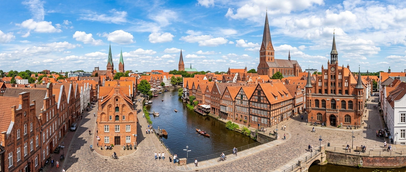 Panoramic view of Lüneburg old town with Gothic red brick buildings, the historic town hall, cobblestone streets, and the Ilmenau River flowing through the city center, church spires visible against a blue sky