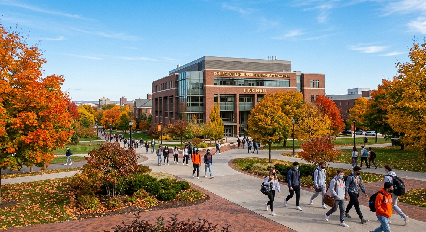 Syracuse University College of Engineering and Computer Science campus building with students walking on pathways, autumn foliage surrounding the Link Hall engineering complex, clear blue sky over Syracuse New York