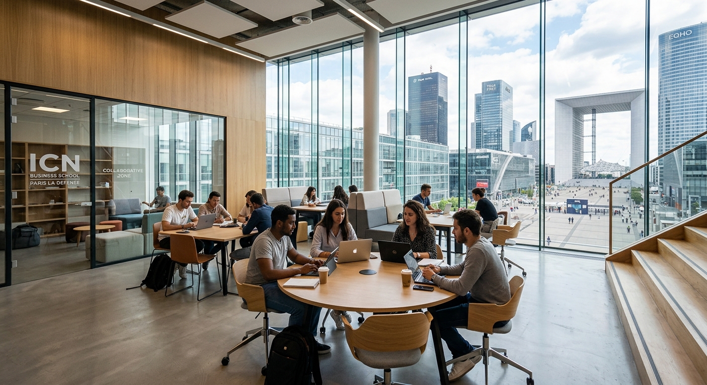 ICN Business School Paris La Défense campus, modern interior with collaborative workspaces, glass walls, students working in open-plan study areas, La Défense business district visible through windows