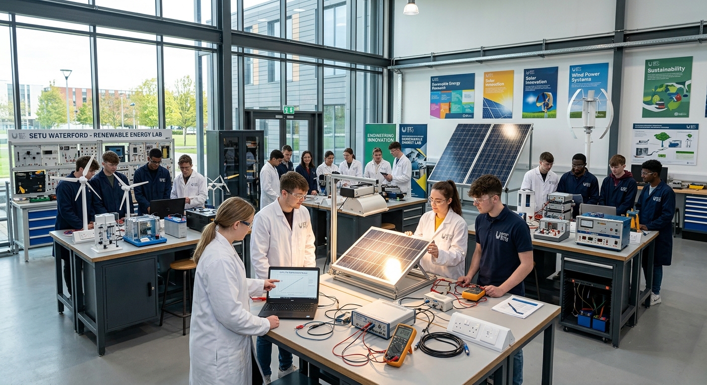 Modern engineering laboratory at South East Technological University Waterford campus, students working with renewable energy equipment and solar panel models, bright industrial workspace with sustainable energy technology displays