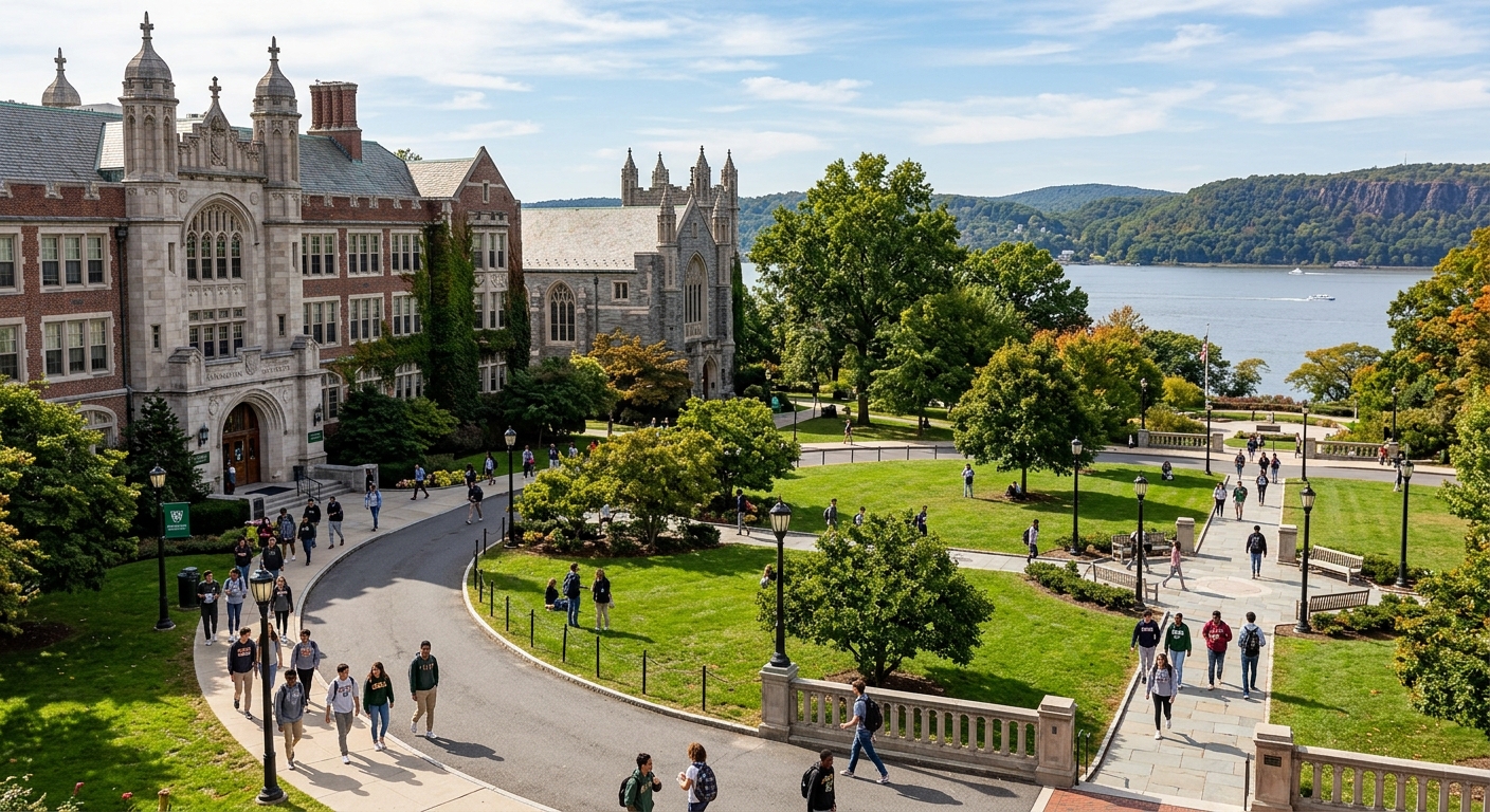 Manhattan University campus in Riverdale, New York, with historic Gothic-style buildings surrounded by green trees, students walking along pathways with the Hudson River visible in the background