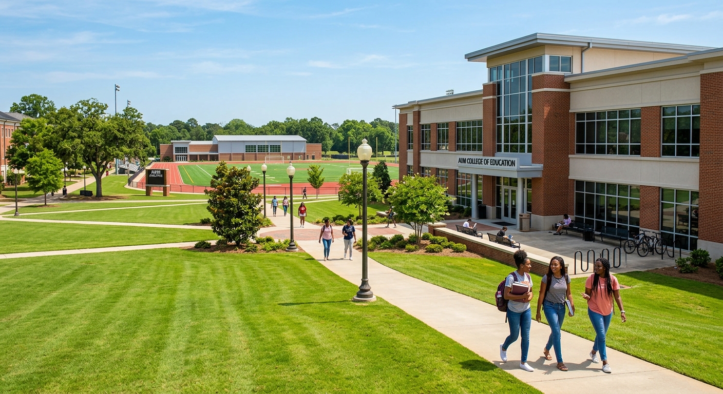Auburn University at Montgomery campus with modern athletic facilities, green lawns and walking paths, students walking near the College of Education building on a sunny day in Montgomery Alabama