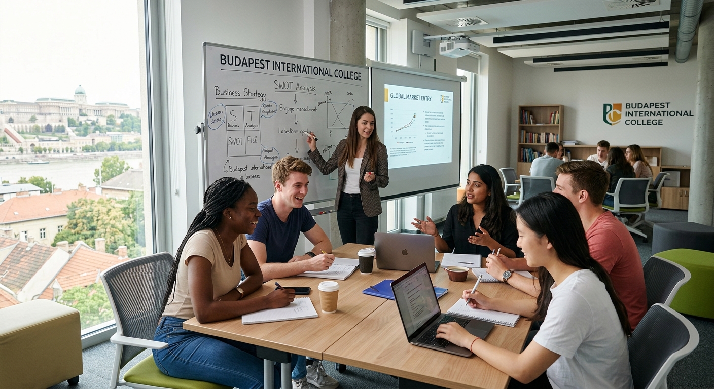 Modern classroom at Budapest International College with small group of international students engaged in a lesson, whiteboard and projector visible, bright natural lighting