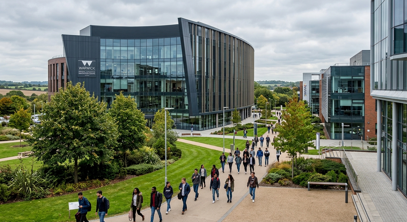 Modern engineering campus at the University of Warwick, featuring the National Automotive Innovation Centre building, students walking between contemporary glass and steel structures, green landscaped grounds, overcast English sky