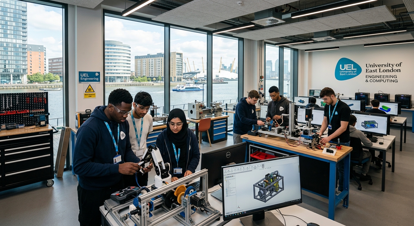 Modern university engineering laboratory at the University of East London Docklands campus, students working with mechanical equipment and CAD workstations, waterfront campus buildings visible through large windows, bright contemporary interior