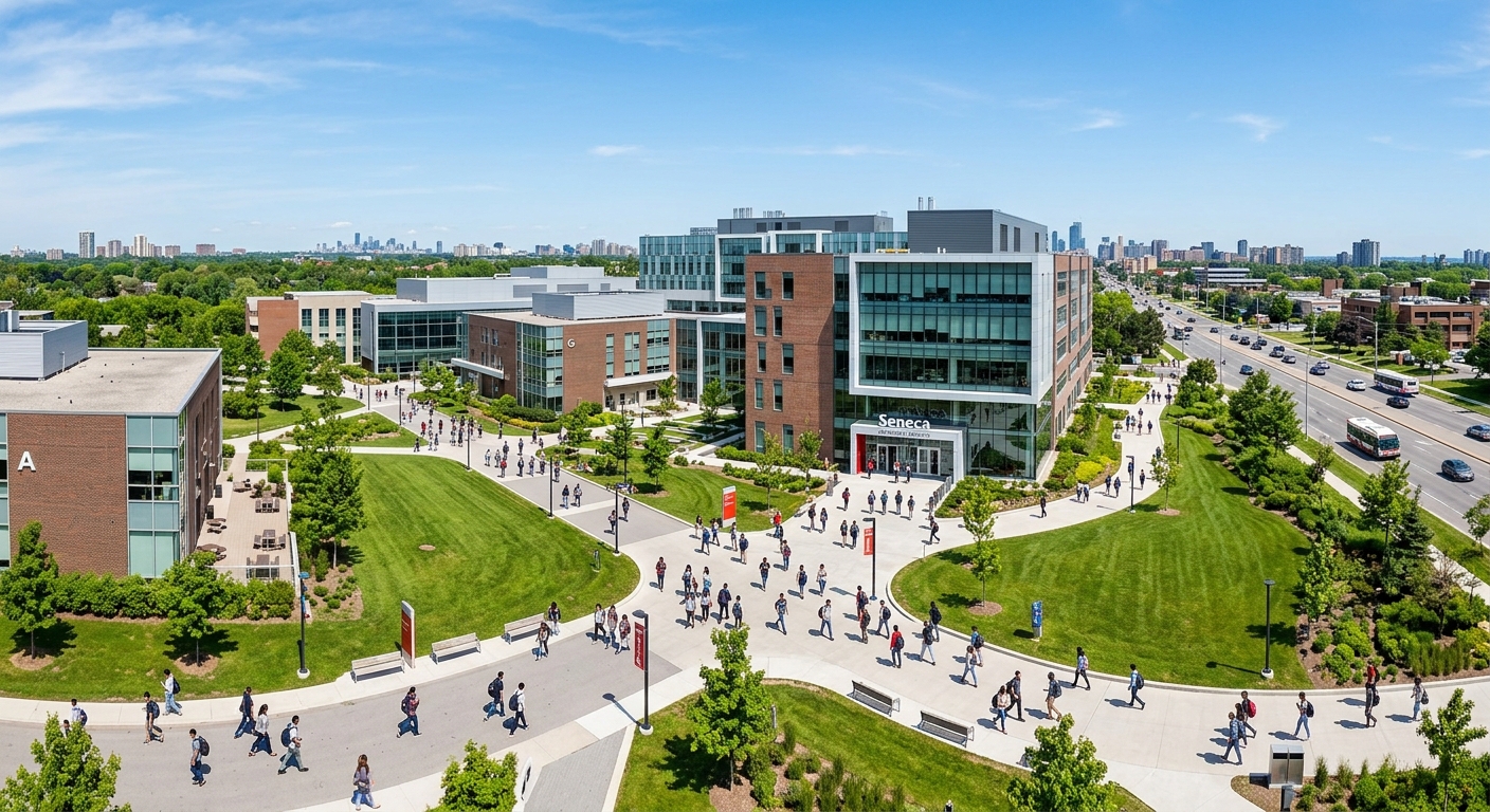 Seneca Polytechnic Newnham Campus wide-shot, modern multi-building campus complex at Finch Avenue East, Toronto, green lawns, students walking between buildings, clear blue sky