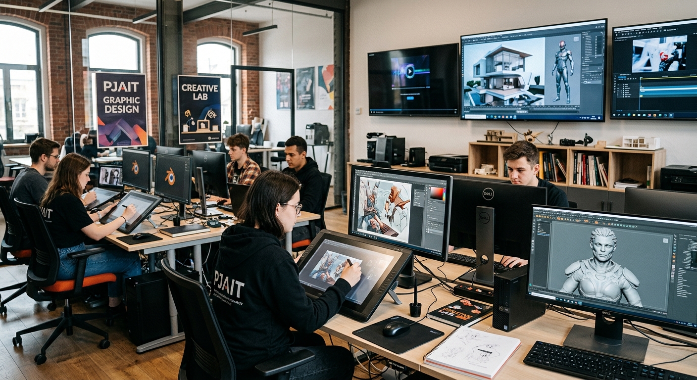 PJAIT graphic design studio with students working on digital art projects, large display screens showing 3D models, creative workspace with drawing tablets and professional equipment