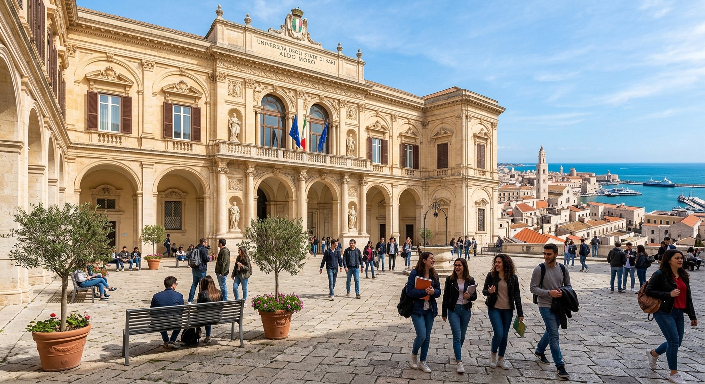 University of Bari Aldo Moro campus building with classical Italian architecture, students walking through courtyard near Largo Abbazia Santa Scolastica, sunny Mediterranean sky, Adriatic coastal city in background