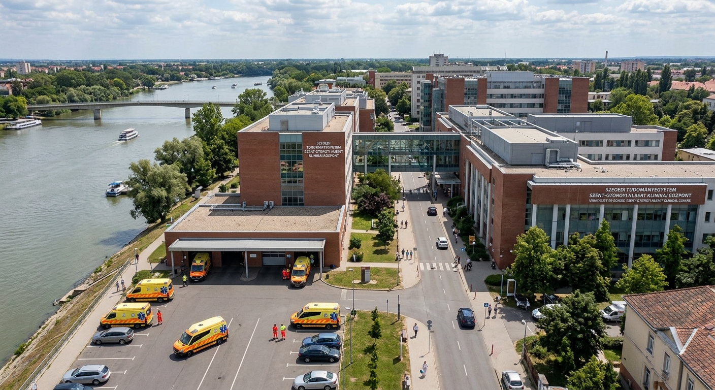 University of Szeged Health Centre teaching hospital complex along the Tisza River, modern medical buildings, ambulances, clinical environment