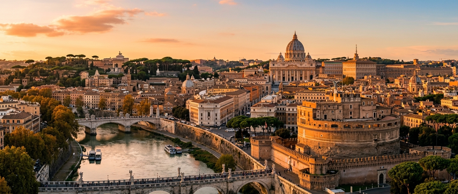 Panoramic view of Rome skyline at golden hour, St. Peter's Basilica dome in the distance, Castel Sant'Angelo in the foreground, Tiber River flowing through the city, warm Mediterranean light, historic rooftops and umbrella pines