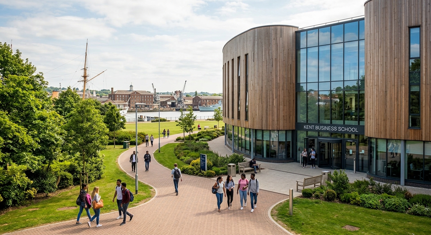 Modern Kent Business School Sibson Building exterior with glass facade, students walking on campus pathways, green parkland surroundings, University of Kent Medway campus with historic naval architecture in background