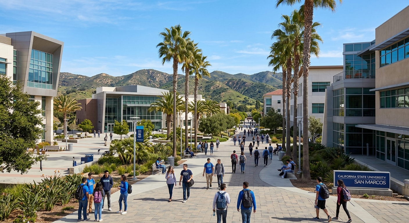 California State University San Marcos campus with modern academic buildings, palm trees, and students walking along pathways under blue Southern California skies with rolling hills in the background