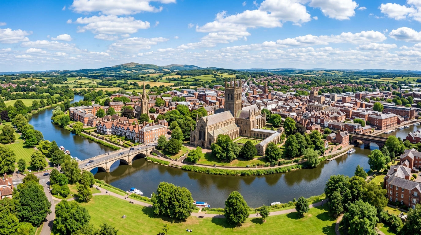 Worcester cityscape panorama showing Worcester Cathedral on the River Severn, historic buildings, green parks, English countryside in the background, clear day