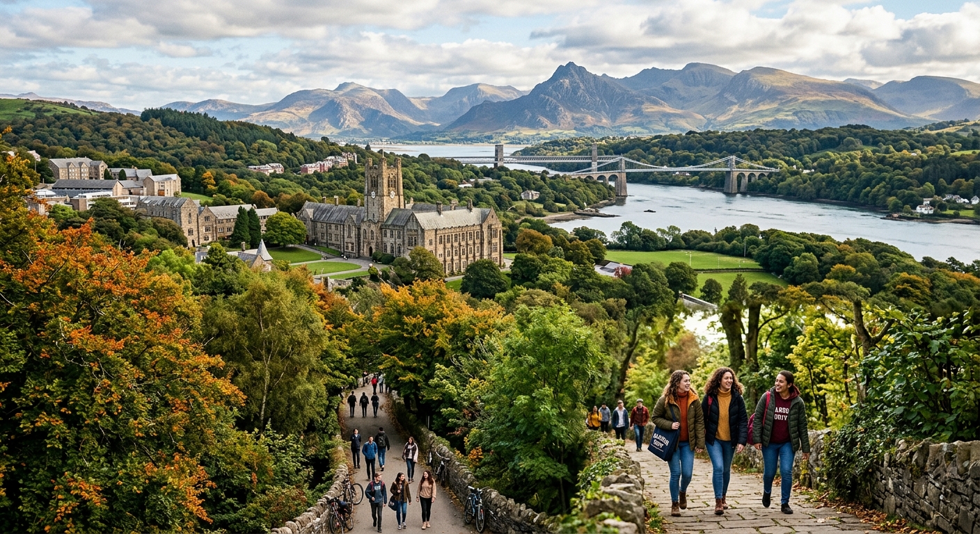 Bangor University campus nestled between Snowdonia mountains and Menai Strait, lush green forested hills with students walking through tree-lined pathways, dramatic Welsh landscape with ancient woodlands in the foreground
