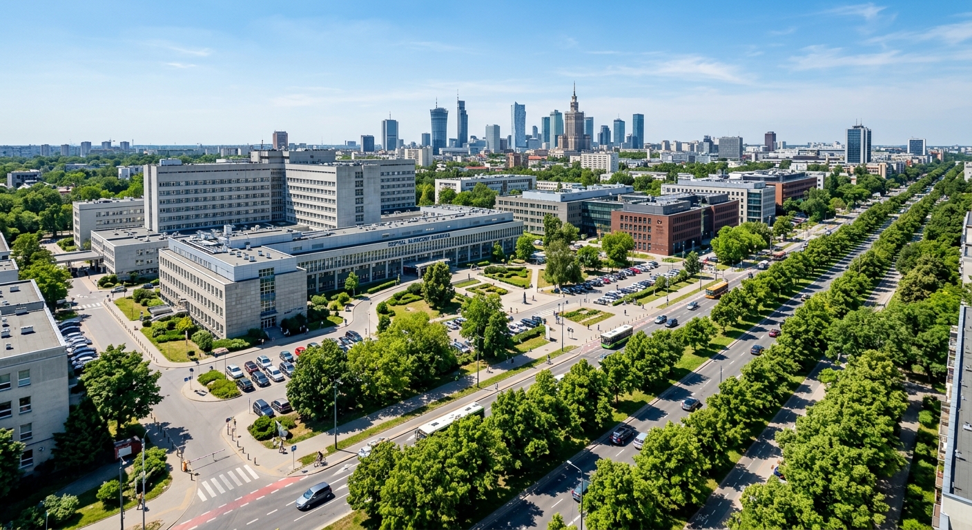 Medical University of Warsaw Banacha campus wide shot, modern university buildings and clinical hospital complex, green trees lining Zwirki i Wigury street, clear sky over Warsaw cityscape
