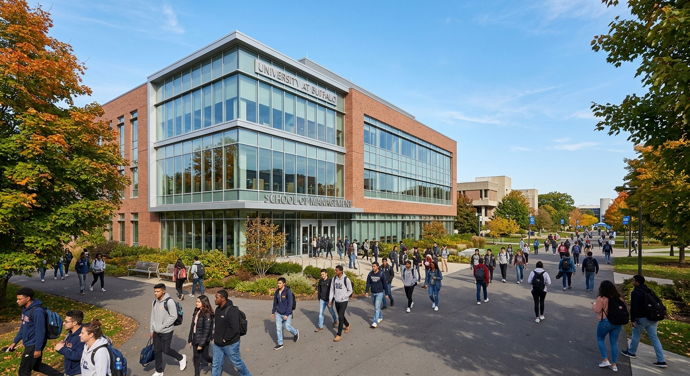University at Buffalo School of Management building on North Campus with modern glass facade, students walking on tree-lined pathways, clear sky background, Buffalo New York