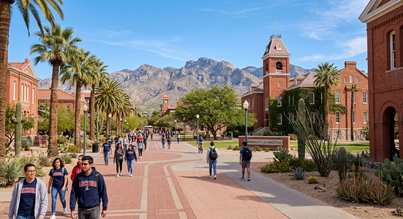 University of Arizona campus in Tucson with red brick buildings, desert landscape, Santa Catalina Mountains in the background, clear blue sky, and students walking along palm-lined pathways