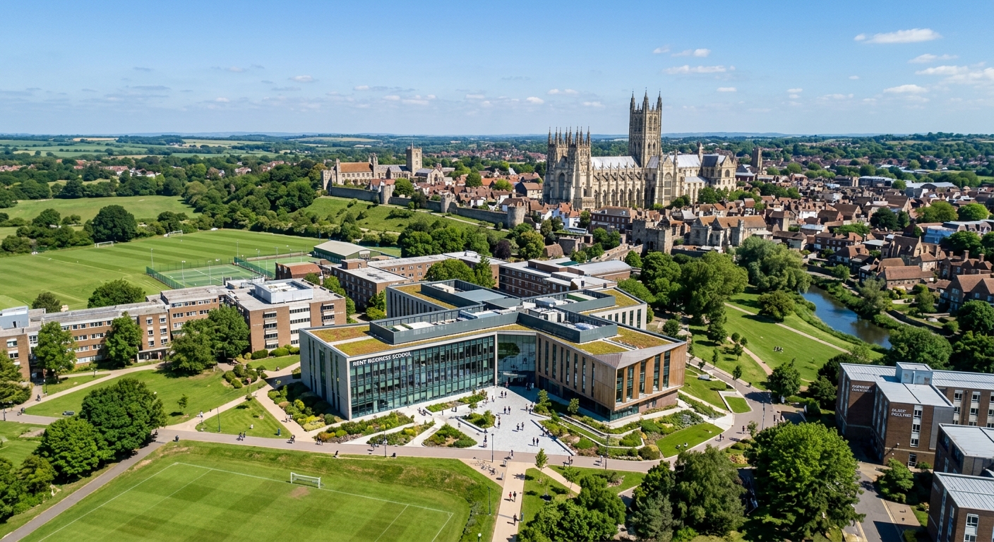 Aerial view of the University of Kent Canterbury campus with modern Kent Business School building, green parkland, and historic Canterbury Cathedral visible in the background under a clear blue sky
