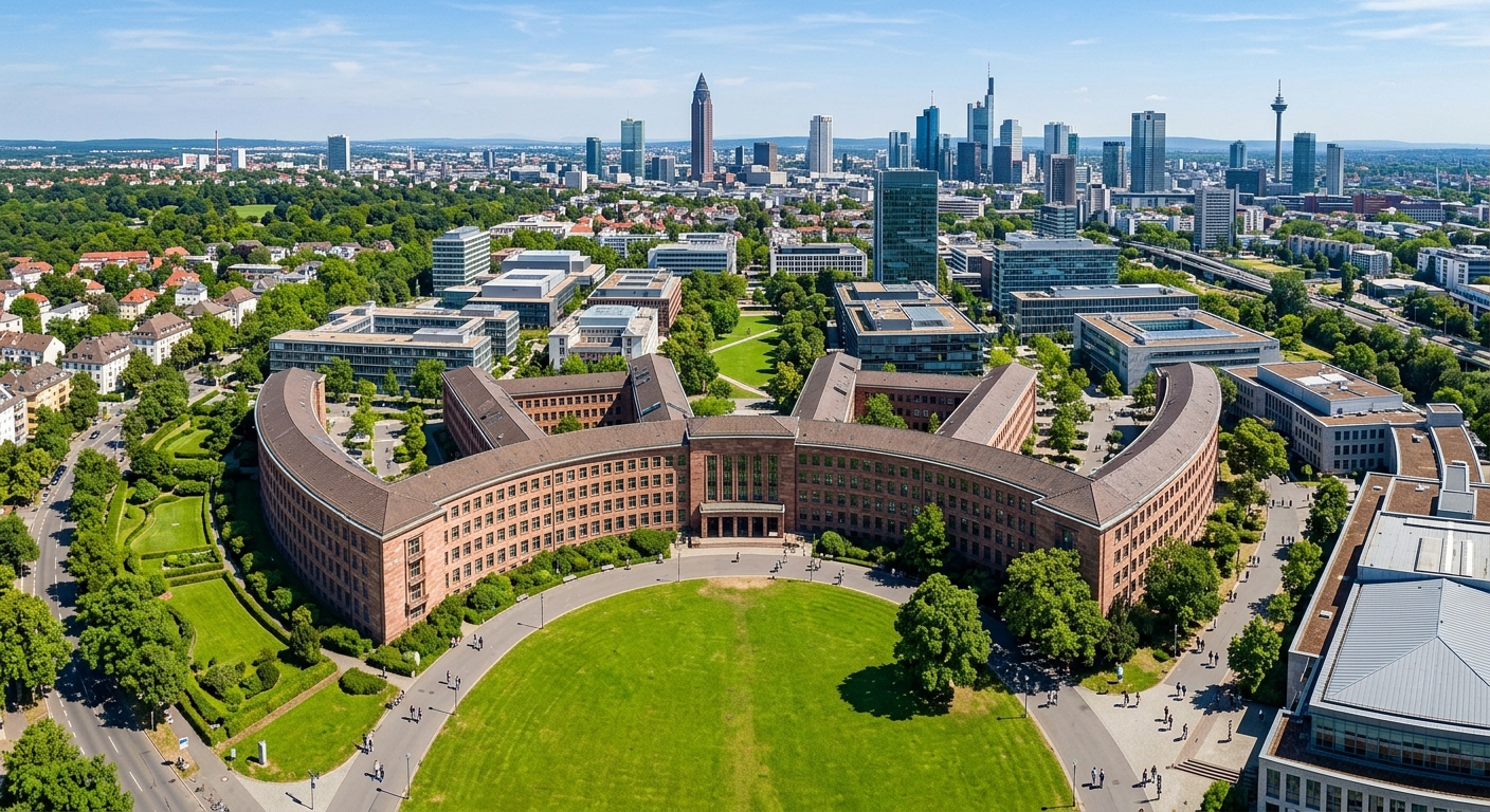 Aerial view of Goethe University Frankfurt Westend Campus, historic IG Farben Building with its curved facade surrounded by green lawns and modern university buildings, Frankfurt skyline in background