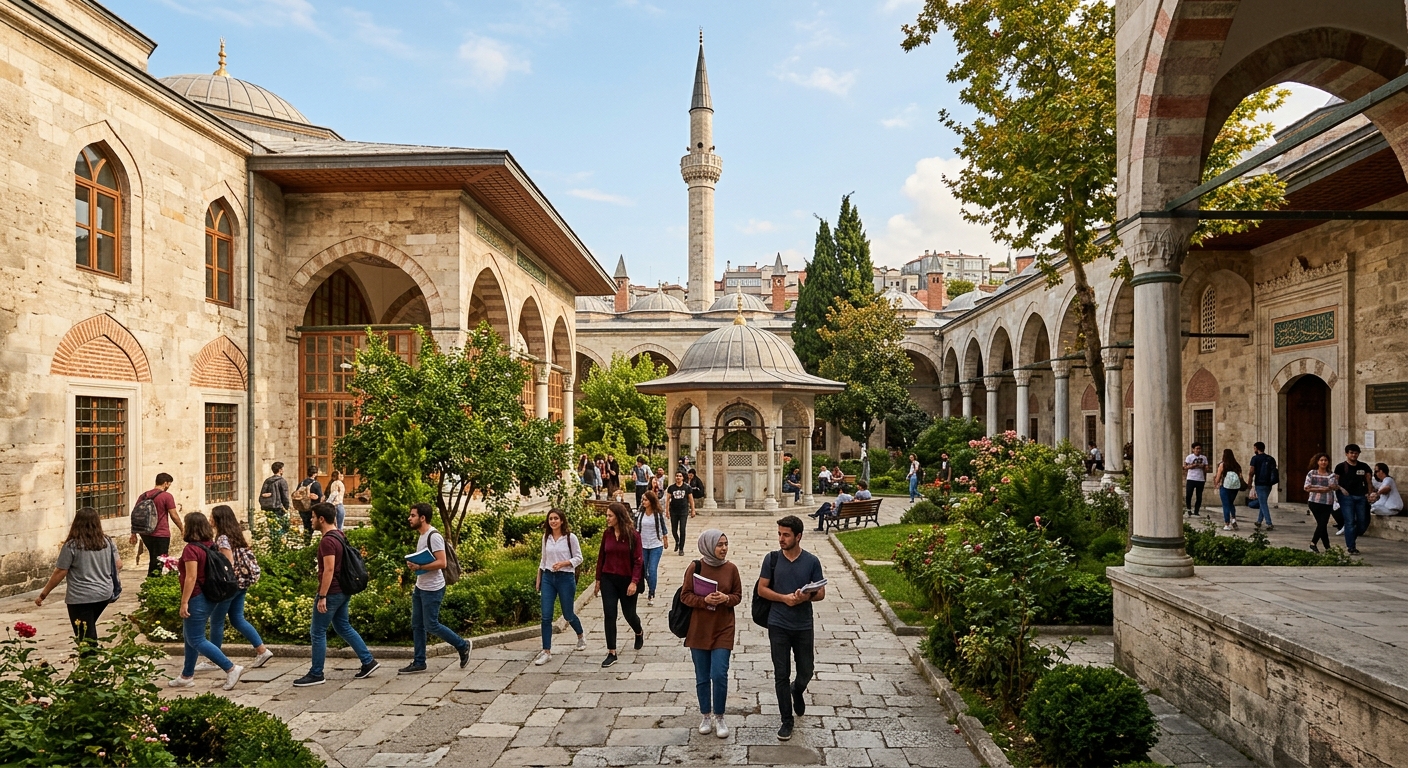 Historic Atik Valide Campus of Fatih Sultan Mehmet Vakif University in Uskudar Istanbul, Ottoman-era stone buildings with arched windows surrounded by lush greenery, students walking through courtyard pathways, minaret visible in background, warm sunlight