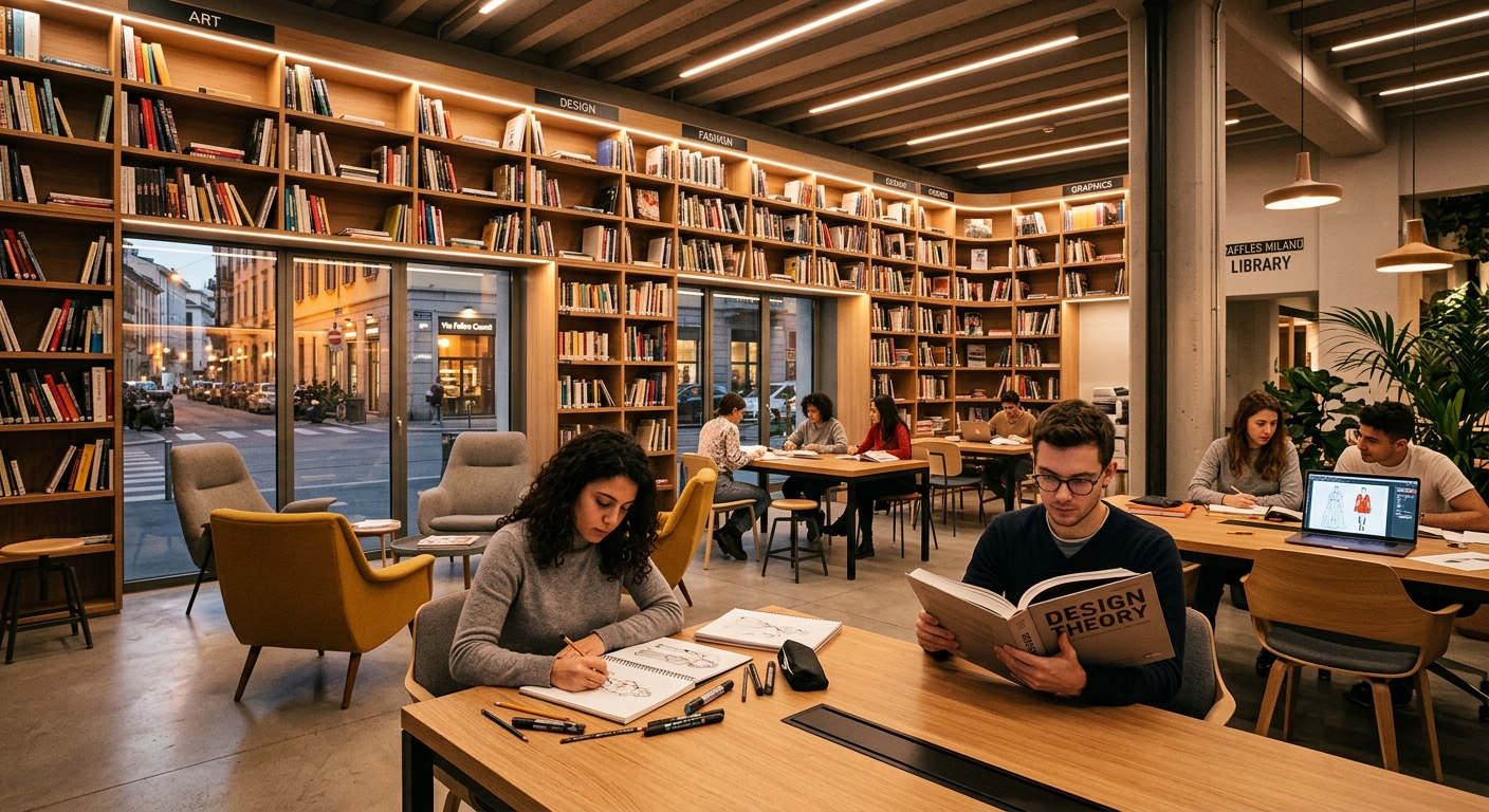 Raffles Milano library and study area with contemporary furniture, students reading and sketching, floor-to-ceiling bookshelves, warm ambient lighting
