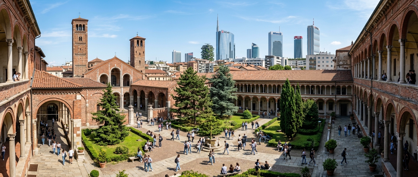 Panoramic view of the Università Cattolica del Sacro Cuore historic Cistercian monastery campus in Milan, Italy, with elegant arched cloisters, students walking through courtyards, and the Milan financial district skyline in the background under a clear blue sky