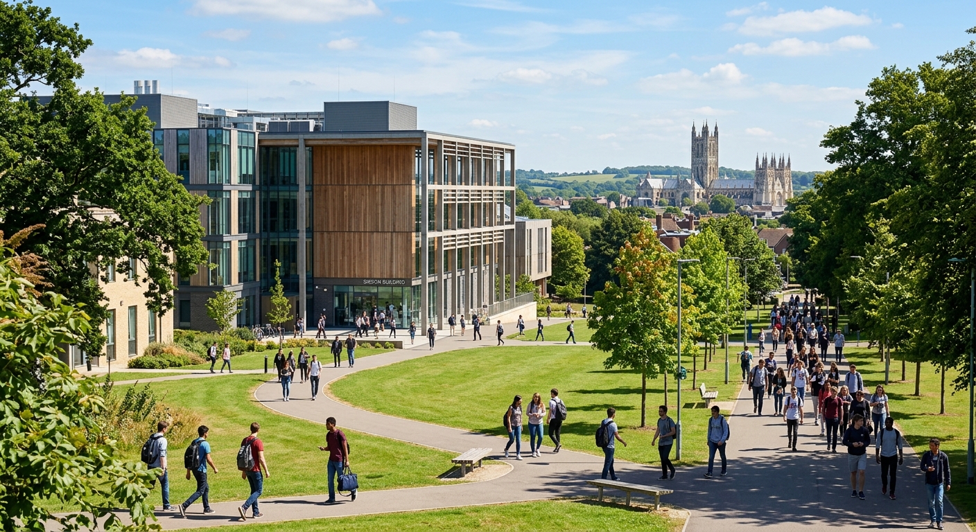 University of Kent Canterbury campus with modern computing building, green parkland, students walking between lecture halls, Canterbury Cathedral visible in the background, bright sunny day