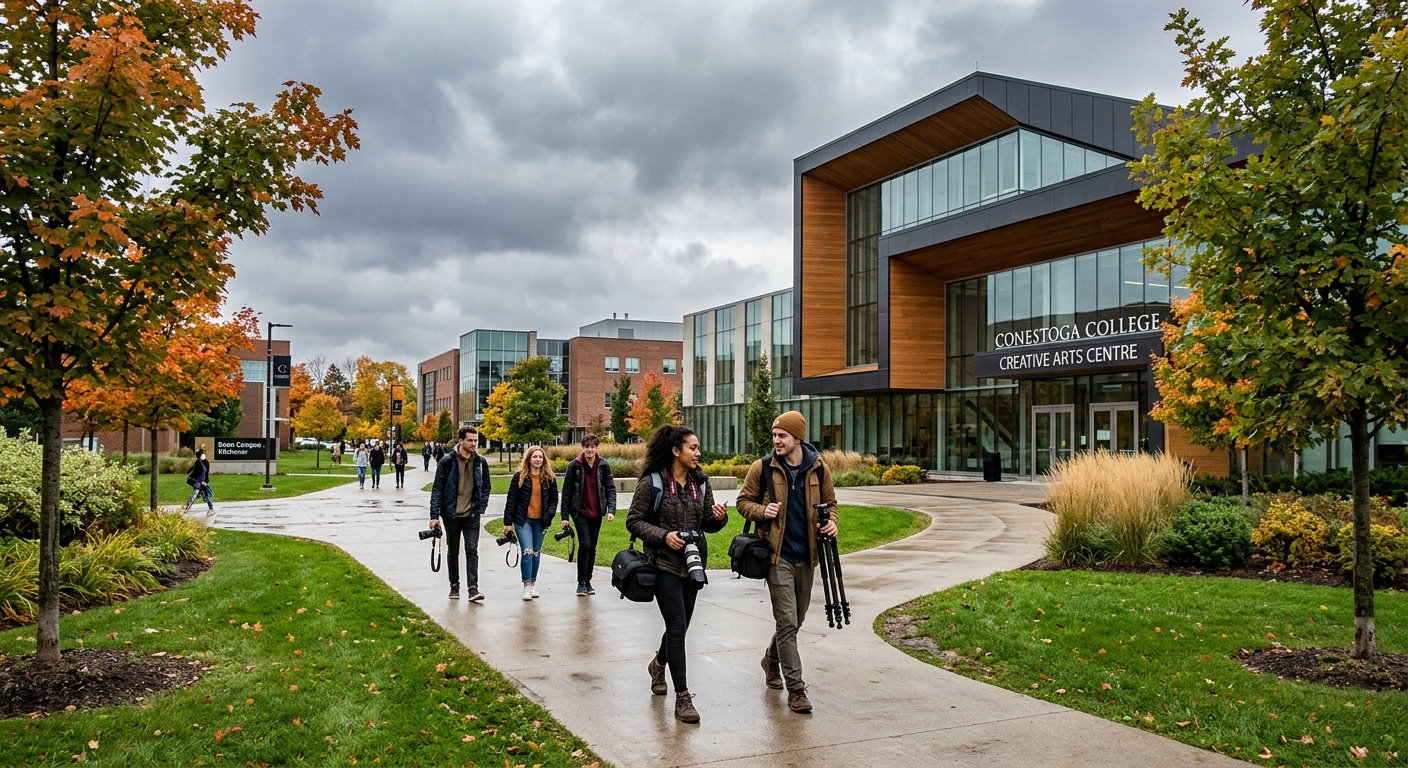 Conestoga College campus in Kitchener Ontario with modern creative arts building, students carrying camera equipment walking along pathways, green landscaped grounds, overcast Canadian sky