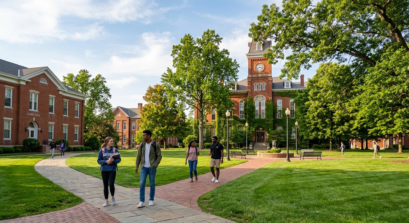 Historic McKendree University campus in Lebanon Illinois with red brick buildings, green lawns, mature trees, and students walking along pathways on a sunny day