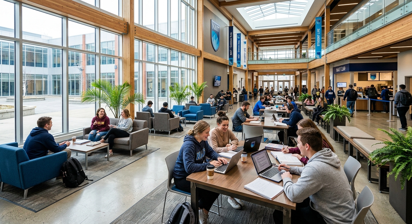 NAIT campus common area with students studying and socializing, modern interior design, comfortable seating areas and natural light