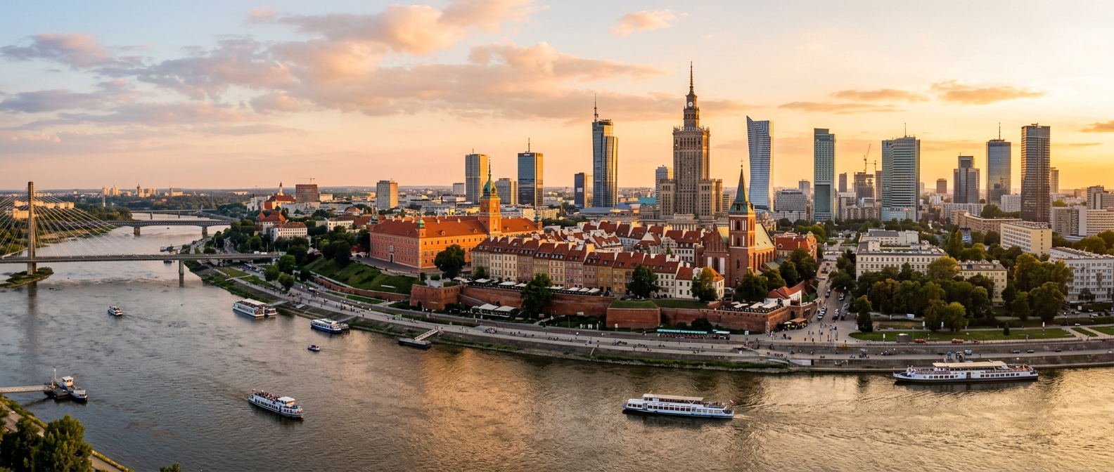 Warsaw city skyline panorama, modern glass skyscrapers alongside reconstructed Old Town, Vistula River in foreground, Palace of Culture and Science tower, golden hour lighting