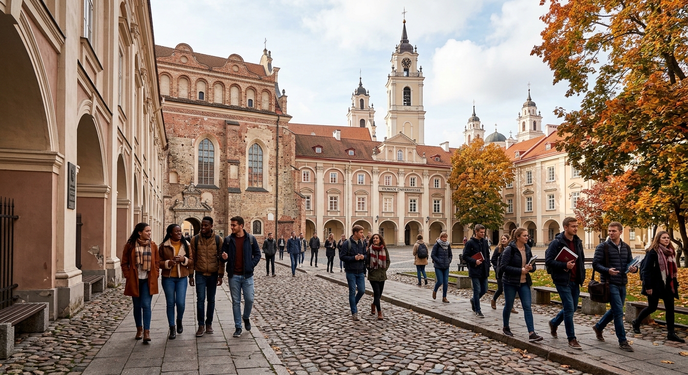 Historic Vilnius University courtyard with Renaissance architecture, international students walking through cobblestone pathways, autumn foliage framing the scene, Vilnius Old Town visible in the background