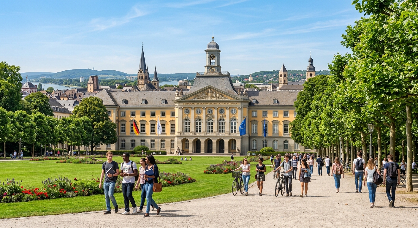 Historic University of Bonn main building with neoclassical facade, green lawn in foreground, students walking along tree-lined pathways, clear blue sky over Bonn cityscape