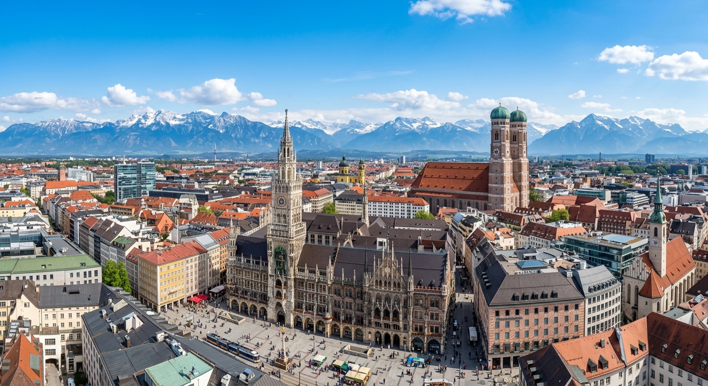 Munich city panoramic view, Frauenkirche twin towers, Marienplatz, Bavarian Alps in distant background, blue sky, traditional and modern architecture blend