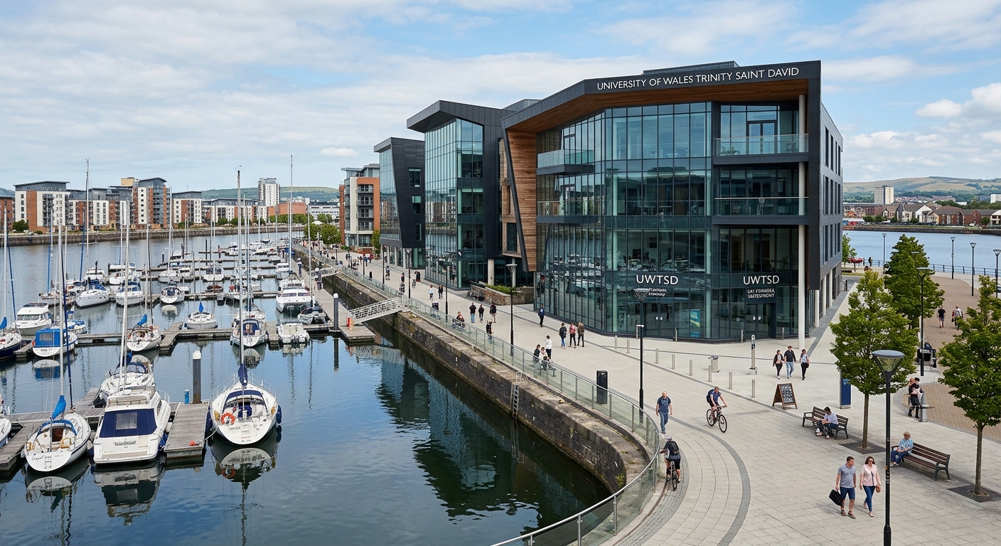 SA1 Swansea Waterfront campus of UWTSD, modern glass-fronted buildings alongside the marina, contemporary architecture with waterfront promenade, daytime