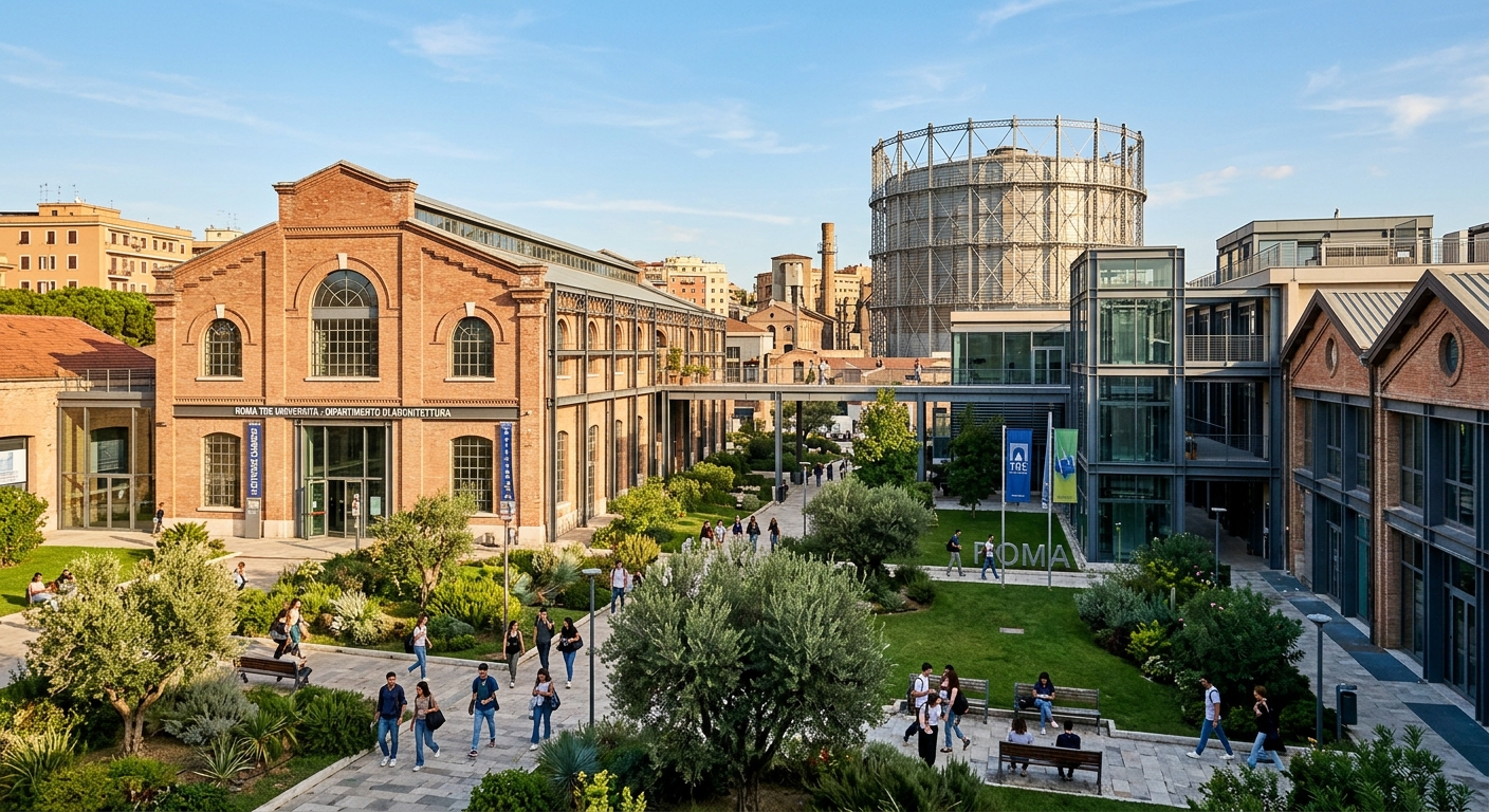 Roma Tre University campus wide shot in the Ostiense district of Rome, renovated industrial buildings converted into modern academic facilities, warm Mediterranean sunlight, green courtyards between contemporary architecture