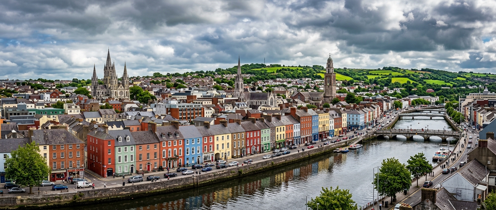 Panoramic view of Cork city centre with colourful Georgian buildings along the River Lee, church spires, and green hills in the background under dramatic Irish skies