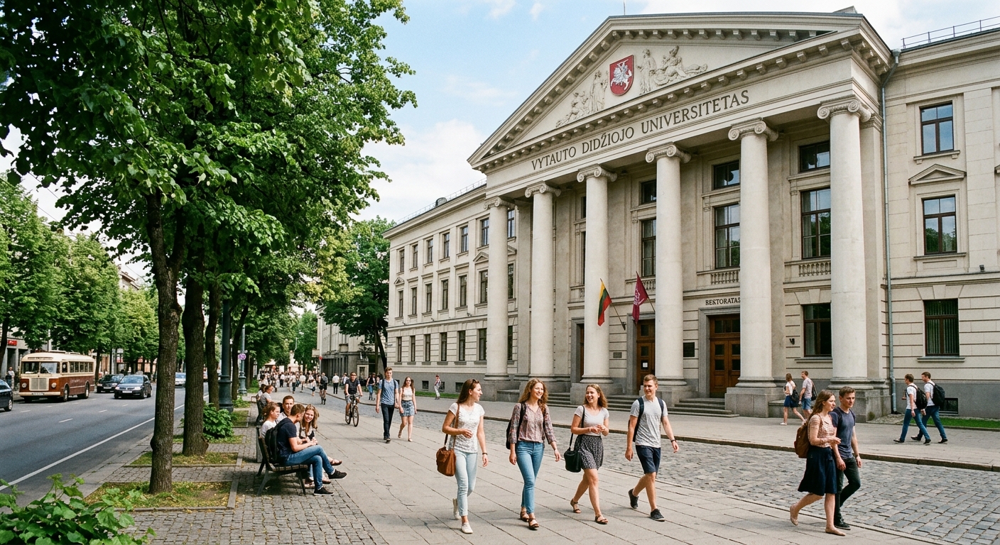 Vytautas Magnus University main building facade, neoclassical architecture with columns, students walking along tree-lined K. Donelaicio street in Kaunas