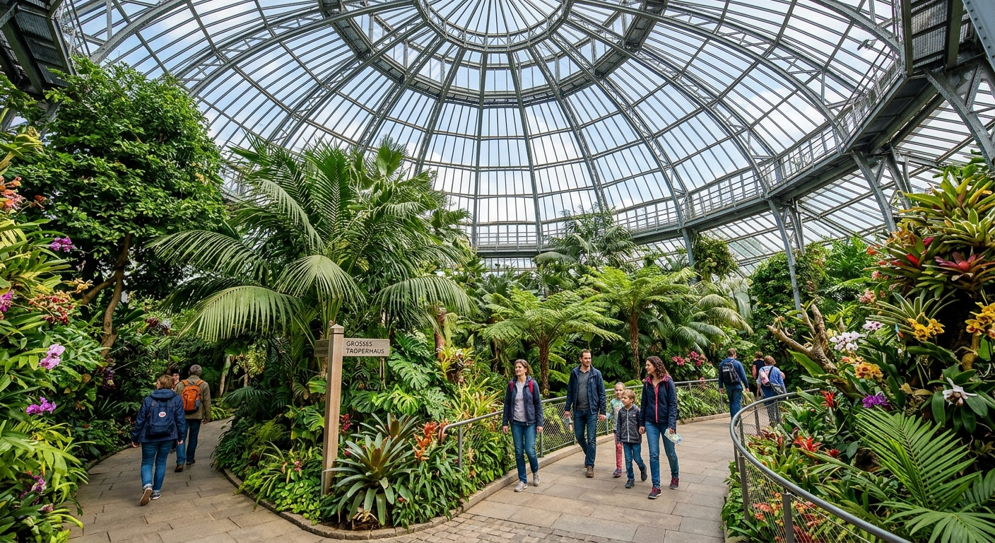 Berlin Botanical Garden near Freie Universität, large tropical greenhouse with glass dome, lush green plants, walking paths, visitors exploring