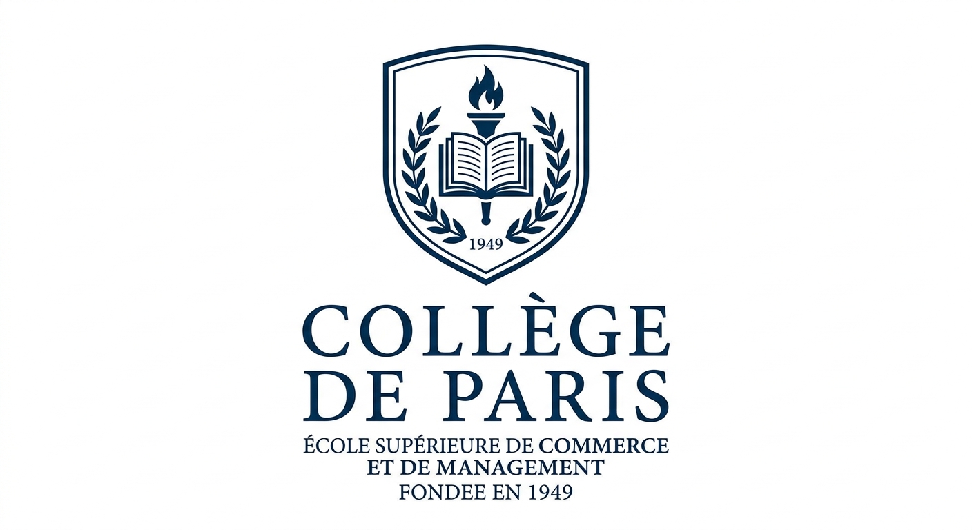 Collège de Paris official logo, elegant dark blue text with stylized academic crest, white background