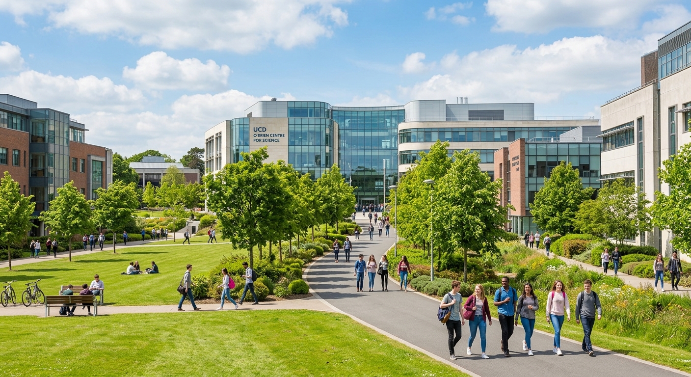 University College Dublin Belfield campus with the O'Brien Centre for Science in the background, green parkland, modern architecture, students walking along tree-lined pathways under a bright sky
