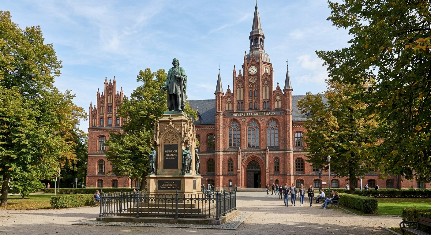 University of Greifswald historic main building with red-brick Gothic architecture, arched windows, and the Rubenow Monument in the foreground, surrounded by mature trees