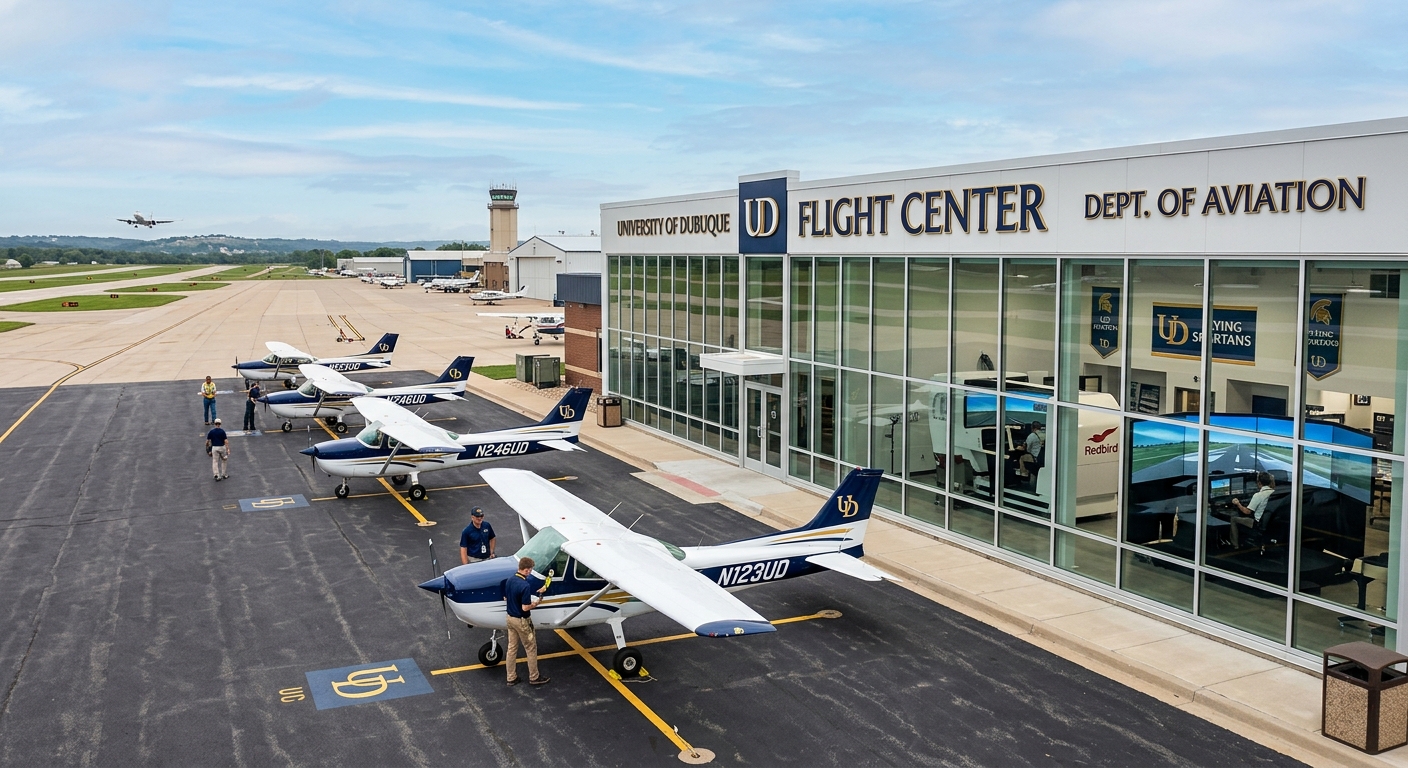 University of Dubuque flight center at Dubuque Regional Airport with training aircraft parked on the tarmac and flight simulators visible inside