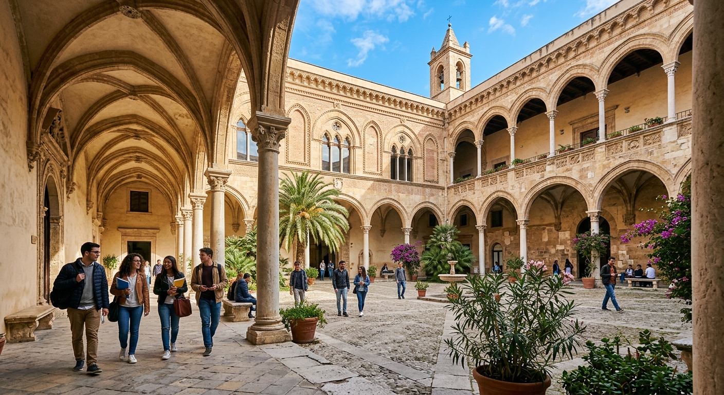 Historic Palazzo Steri building at the University of Palermo with Mediterranean architecture, students walking through arched courtyard, warm Sicilian sunlight, palm trees and blue sky in background