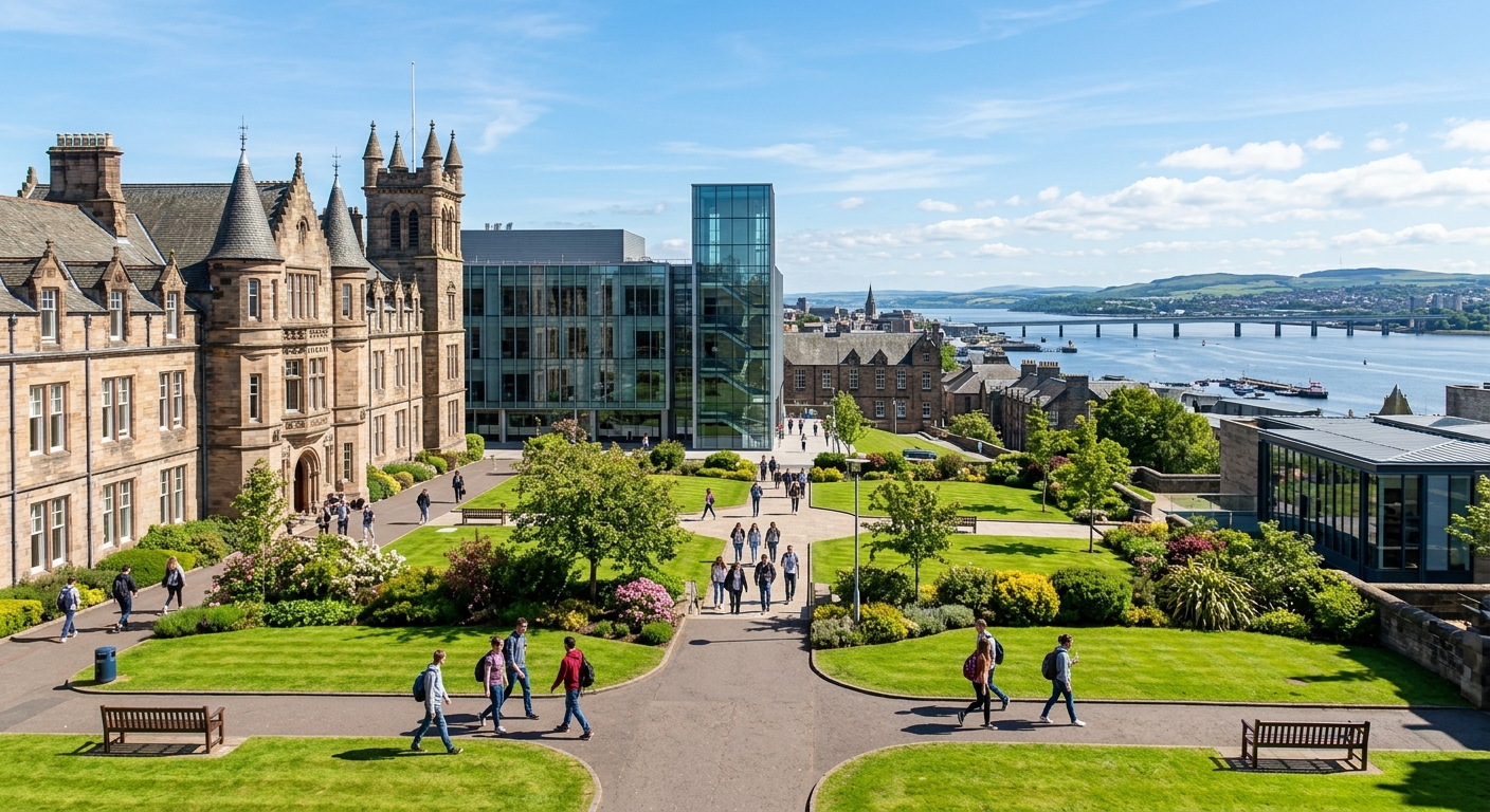 University of Dundee campus with historic stone buildings and modern facilities, overlooking the River Tay in Scotland, students walking through a green courtyard under a clear sky