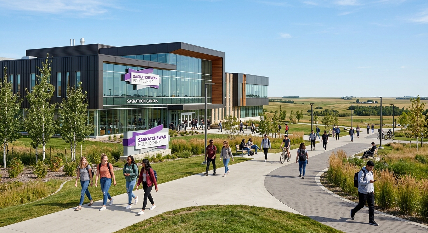 Modern Saskatchewan Polytechnic campus building in Saskatoon with students walking along pathways, Canadian prairie landscape in the background, clear sky, contemporary architecture with glass facades