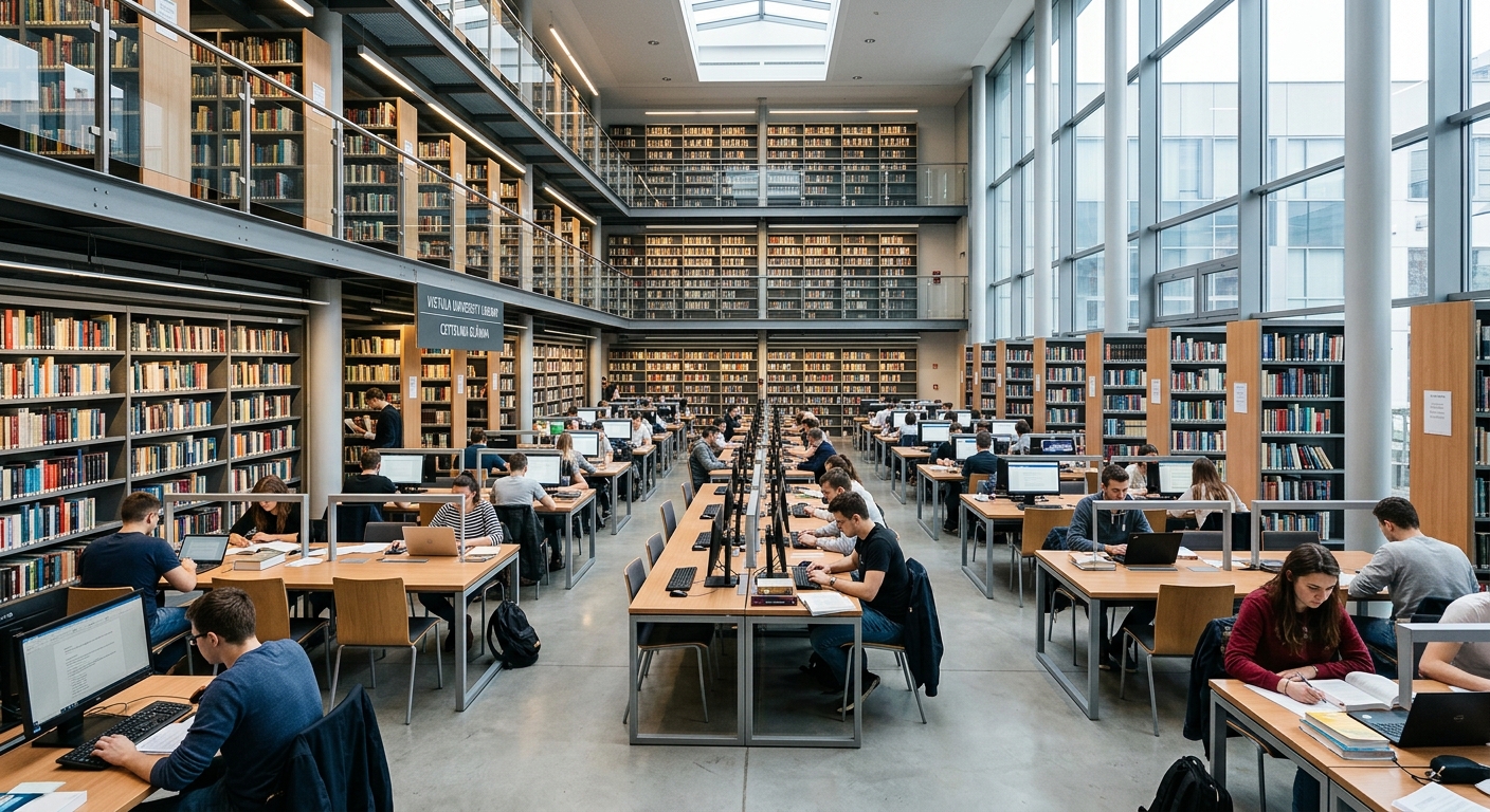Vistula University academic library interior, bookshelves with over 100000 volumes, students studying at desks, modern lighting and computer stations