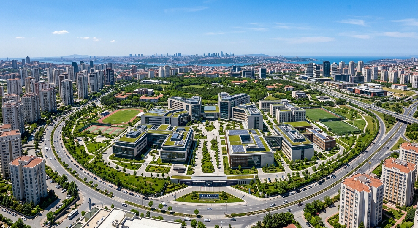 Acıbadem University Kerem Aydınlar Campus wide aerial view in Ataşehir Istanbul, modern LEED-certified buildings surrounded by greenery on the Asian side of Istanbul, clear blue sky