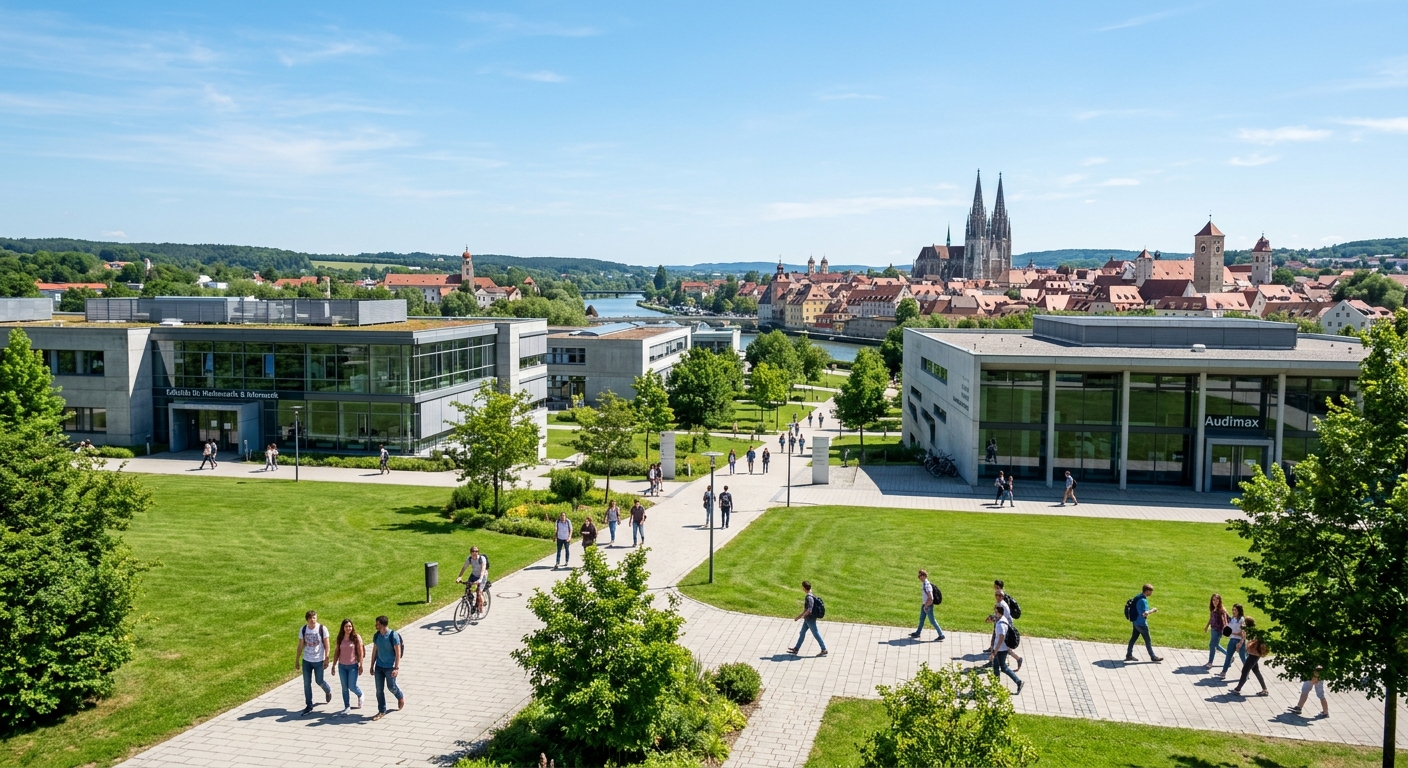 Modern campus of the University of Regensburg with green lawns, contemporary lecture buildings, students walking between faculties, Bavarian cityscape in the background under a clear sky